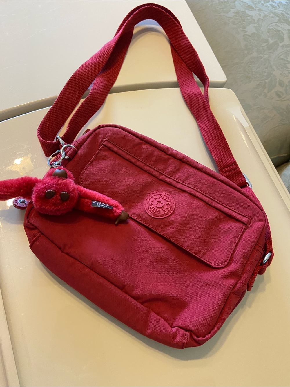 Kipling Bright Red Keiko Crossbody with Monkey Charm